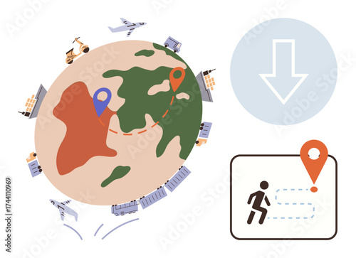 Globe surrounded by transport modes, location pins, and map route. Ideal for travel, logistics, navigation, delivery systems, global reach transport planning geolocation. Simple flat metaphor