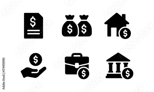 Black financial icons set: money bag, bank, briefcase, house, invoice, currency symbol