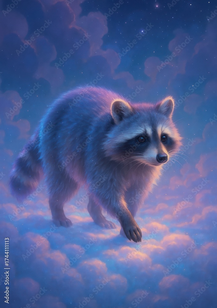 Obraz premium Raccoon walking dreamy clouds