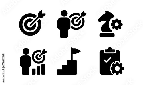 Minimalist business strategy icons: target, growth, chess, and planning tools
