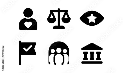 Set of minimalist black icons for user, justice, vision, checkmark, group, institution
