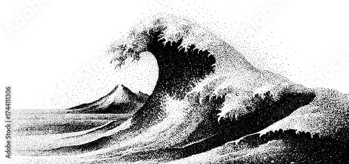 Intricate dotwork stippling of majestic ocean wave and distant mountain