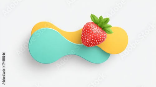 Minimalist 3D vibrant strawberry with abstract shapes in turquoise and yellow, representing fresh fruit and cheerful design