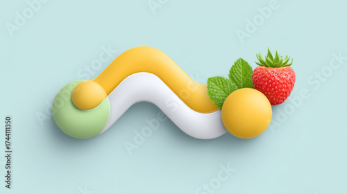 Minimalist 3D composition with strawberry, mint, and abstract elements in a fresh color palette, representing healthy fruit and natural ingredients
