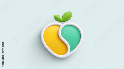 Minimalist 3D heart-shaped fruit with green leaves in yellow and turquoise, representing organic produce and healthy eating