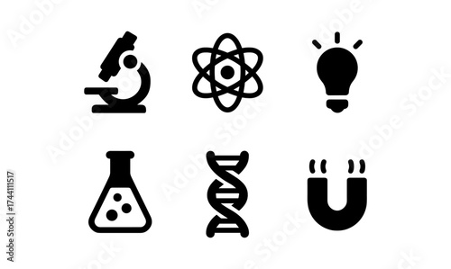 Science icons set: microscope, atom, light bulb, flask, dna, magnet in minimalist style