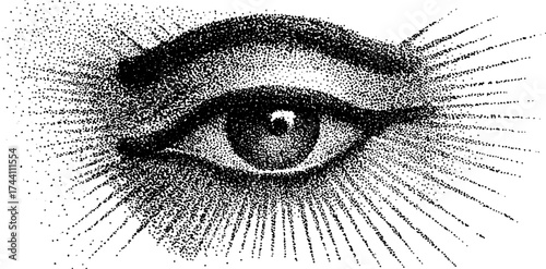 Intricate dotwork illustration of the eye of ra with stipple and halftone techniques