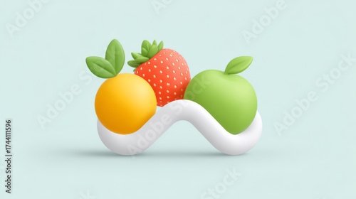 Minimalist 3D composition of orange, strawberry, and apple on a white wave, representing fresh fruit and healthy eating