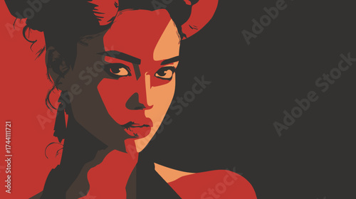 Woman face in red on dark background