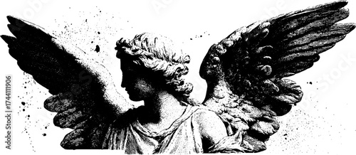 Intricate dotwork stipple illustration of angelic wings with classic detail for artistic design