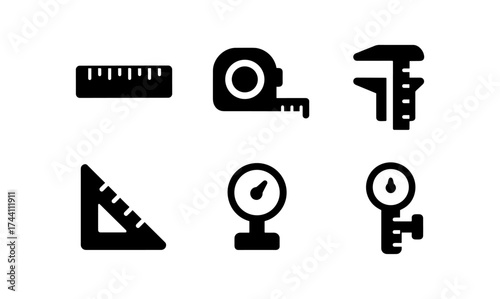 Essential measuring tool icons: ruler, tape measure, caliper, square, gauge, pressure indicator