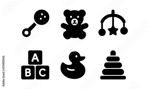 Silhouette baby toys: rattle, teddy bear, mobile, blocks, duck, pyramid stack