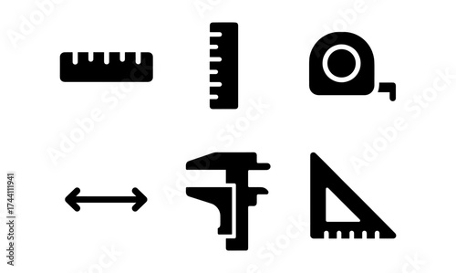 Essential measuring tools icon set in minimalist black silhouette style
