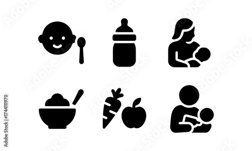 Baby feeding and nutrition icons: milk bottle, spoon, and nursing symbols