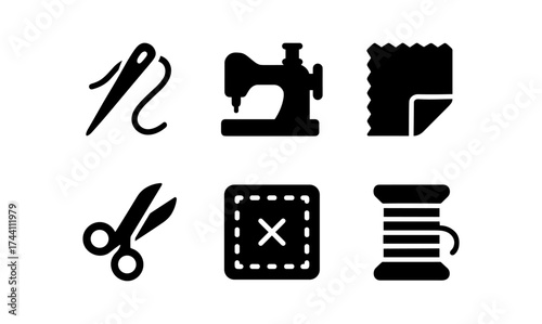 Sewing tools icons: needle, machine, fabric, scissors, patch, thread