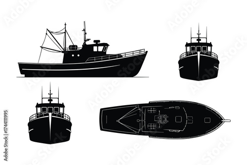 Fishing boat silhouette views set, side, front, top, and back views
