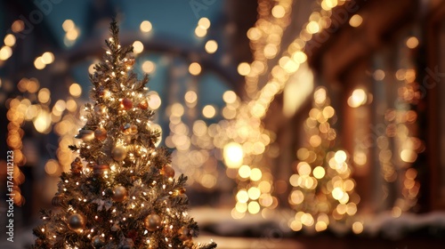 Fototapeta Naklejka Na Ścianę i Meble -  Christmas tree with lights on a street at night with the streets in the background with out-of-focus Christmas lights