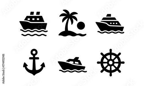 Nautical icons: ships, anchor, wheel, and palm tree in simple silhouette style