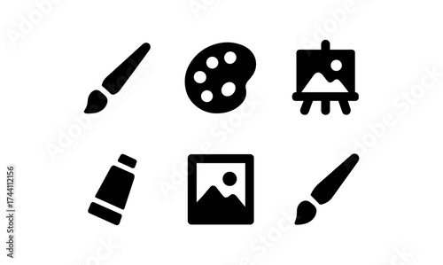 Artistic icons set featuring brushes, palette, easel, paint tube, and canvas in black and white silhouette style