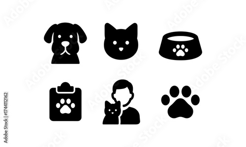 Pet care icons: silhouette symbols for veterinary services and animal welfare