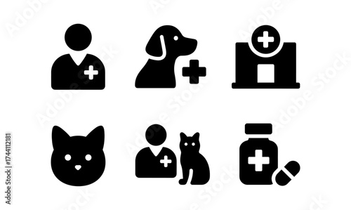Pet care icons: veterinary, medication, dog, cat, hospital, silhouette