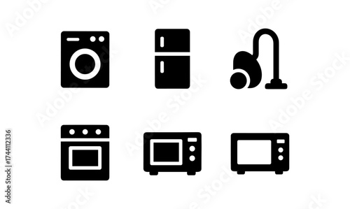 Minimalist home appliance icons set: washer, fridge, vacuum, oven, microwave