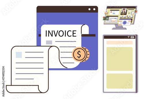 Digital invoices with currency icon, desktop for online payment, mobile interface. Ideal for billing, finance, e-commerce, banking, technology workflow accounting. Simple flat metaphor