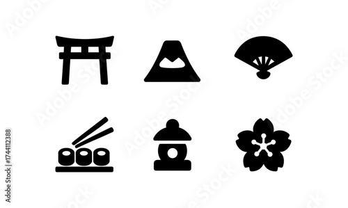 Minimal icons: japan inspired set featuring sushi, torii, fan, mount fuji, lantern, and sakura