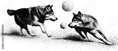 Intricate dotwork of two wolves in motion featuring stipple art techniques