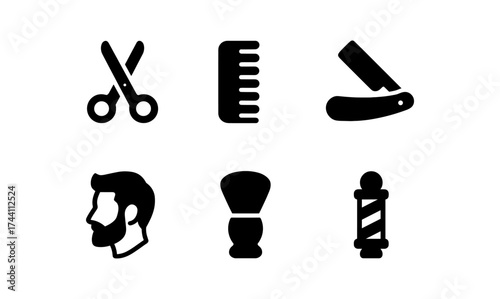 Classic barber icon set: scissors, comb, razor, shaving brush, barber pole