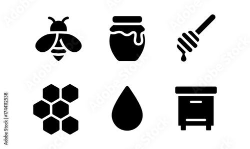 Minimalist honey-themed icons: bee, honey jar, dipper, honeycomb, drop, beehive