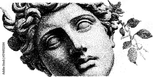Elegant dotwork stipple illustration of venus style head with botanical elements