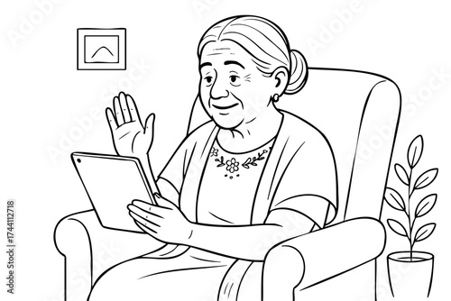 Woman is sitting in a chair and holding a tablet. She is smiling and waving at the camera