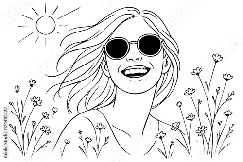 Woman with long hair and sunglasses is smiling in a field of flowers. The sun is shining brightly, creating a warm and cheerful atmosphere