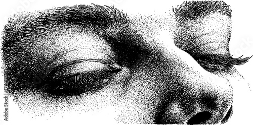 Intricate dotwork stipple art of a face with long eyelashes in engraving style