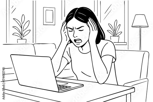 Woman is sitting at a desk with a laptop in front of her. She is looking at the screen with a look of frustration on her face