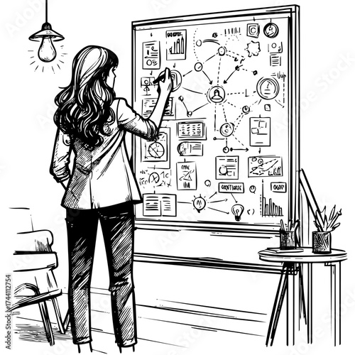 Woman is drawing on a whiteboard with a lot of ideas and graphs. She is focused on her work and seems to be in a serious mood