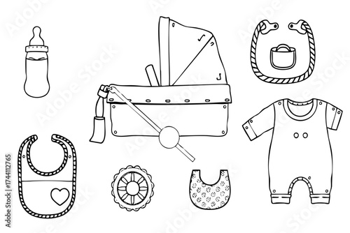 Baby's outfit and accessories are drawn in black and white. The baby's outfit includes a onesie, a bib, and a hat. The accessories include a bottle, a stroller, and a blanket