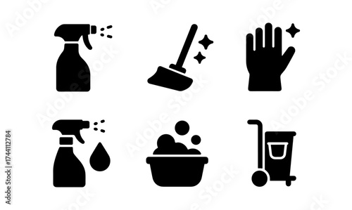 Essential cleaning tools icons: spray, mop, glove, bucket, cart, silhouette style