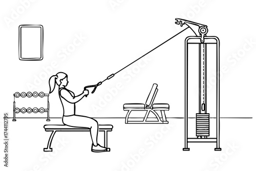 Woman is exercising on a bench in a gym. She is pulling a rope attached to a weight machine