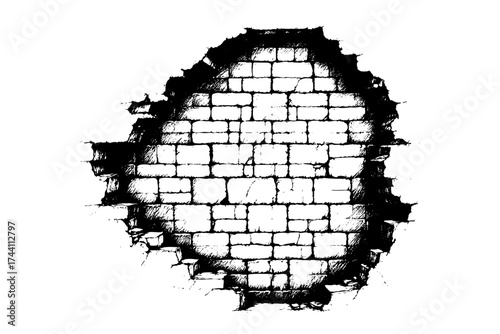Black and white photo of a brick wall with a hole in it. The hole is large and the wall is crumbling. The photo has a moody and somewhat ominous feel to it