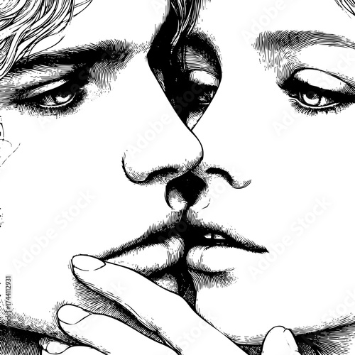 Drawing of two people kissing with their lips touching. The drawing is in black and white and has a moody, romantic feel to it