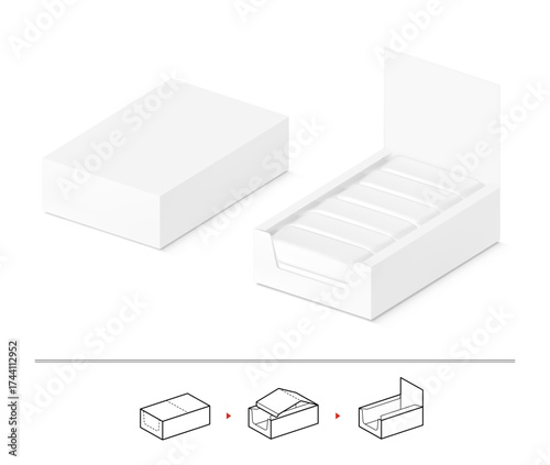 Blank shelf-ready box mockup with set flow packaging for food. Vector illustration on white background. Ready for your design. EPS10.