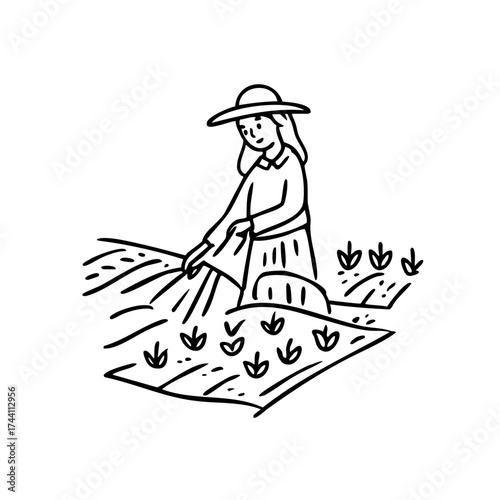 Woman is watering plants in a field. The scene is peaceful and serene, with the woman taking care of the plants