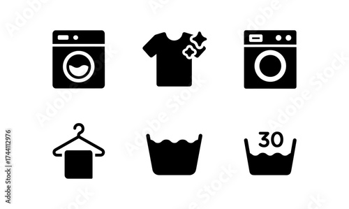 Laundry care icons: simple black symbols for washing, drying, and clothing maintenance