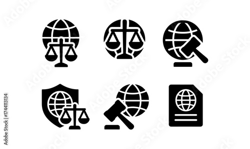 Justice icons set: global law symbols with scales, gavel, and globe silhouettes