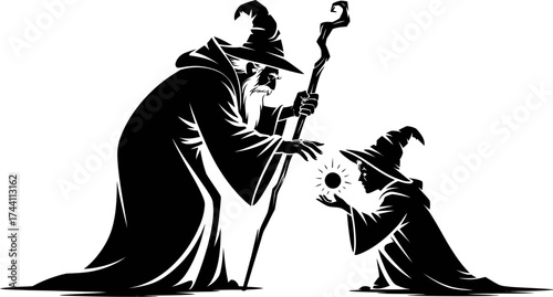 Vector art of two wizards, one old and one young, in silhouette, with the older wizard teaching the younger one how to cast a spell