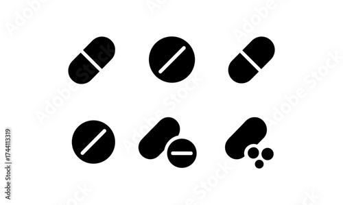 Minimalist black silhouette pill icons collection for medical and healthcare design