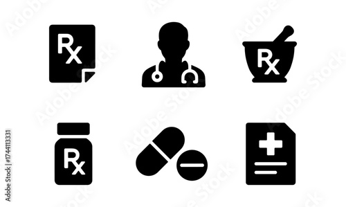 Medical prescription icons set featuring doctor, pills, and pharmacy symbols