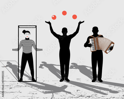 Vector art of silhouettes of a mime trapped in a box, a juggler, and an accordion player, isolated on a textured background